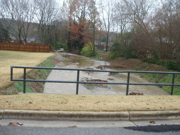 View upstream from the bridge on Tel Fair road. This is the minimum
water level. Note the pipes crossing the stream at various levels.
[photo courtesy Bert Harris]